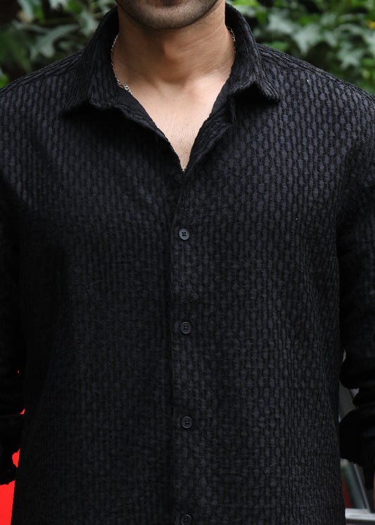 Self-Design Full-Sleeve Shirt - Black