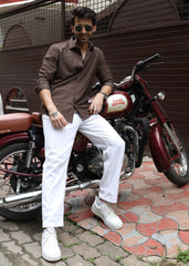 Self-Design Full-Sleeve Shirt - Brown