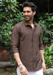 Self-Design Full-Sleeve Shirt - Brown