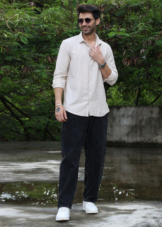 Self-Design Full-Sleeve Shirt -  Beige