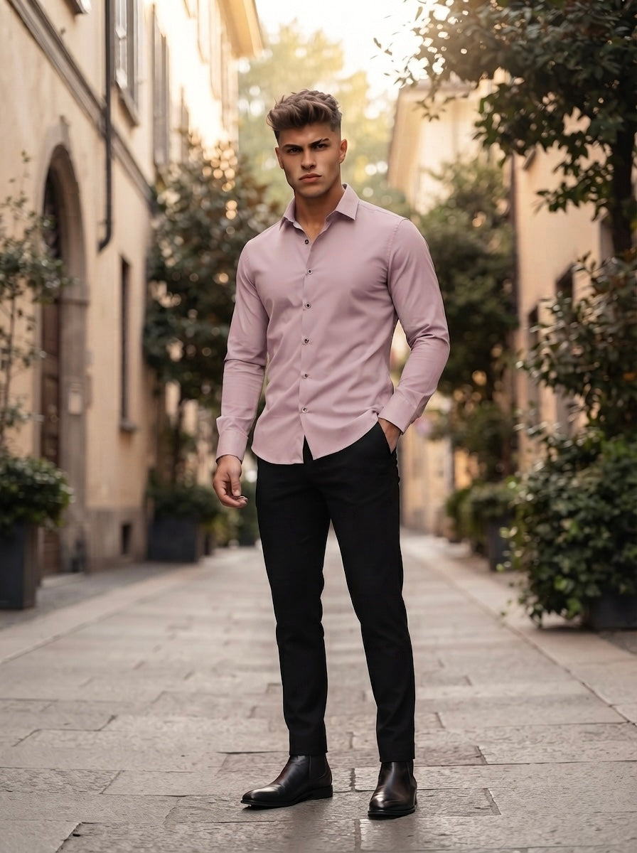 Snipes Lachka fabric shirt displayed on a hanger, showing the detailed pattern and classic collar style.