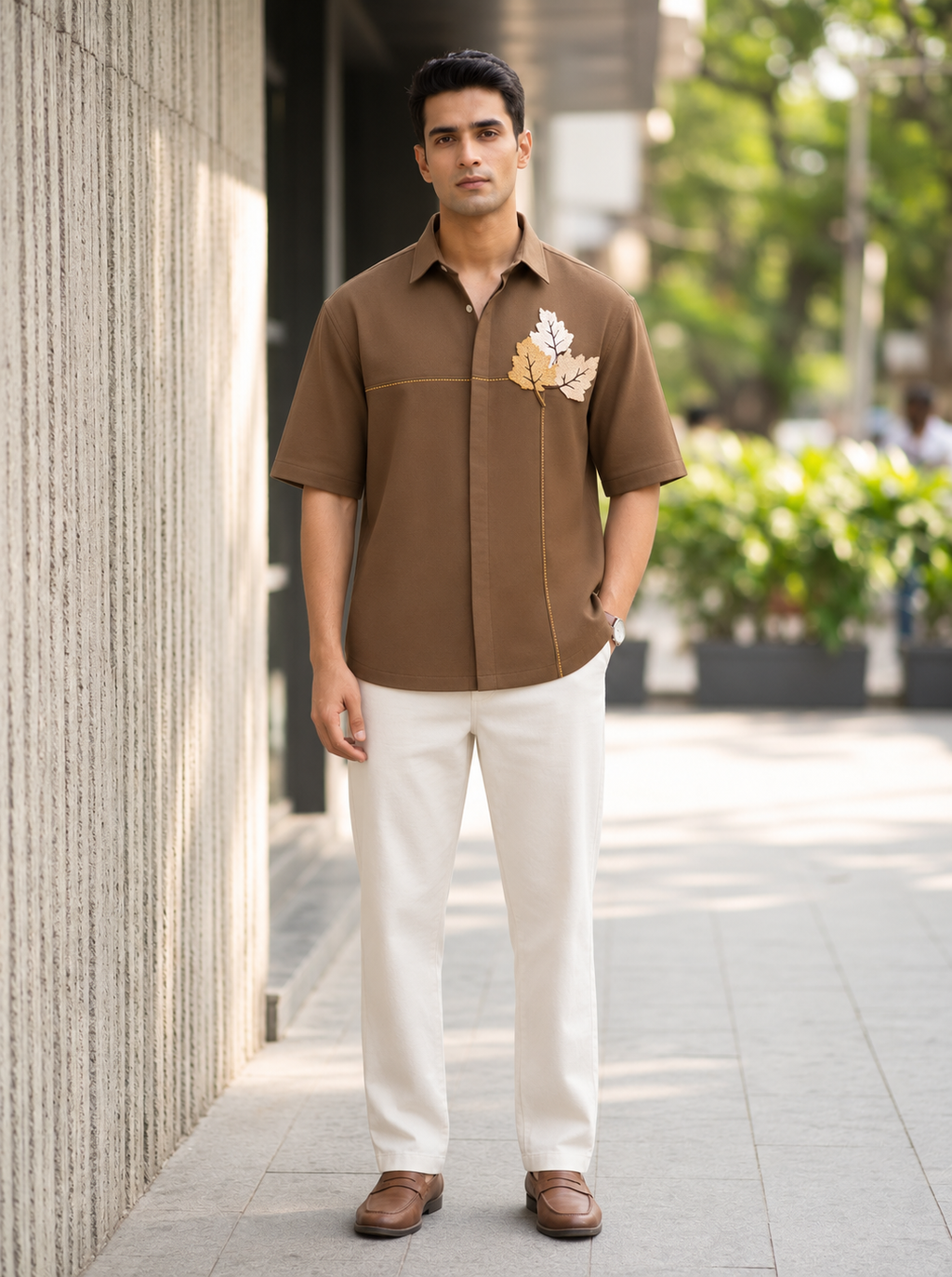 Snipes men’s boxy fit shirt with polished leaf embroidery, shown in a styled outfit portrait