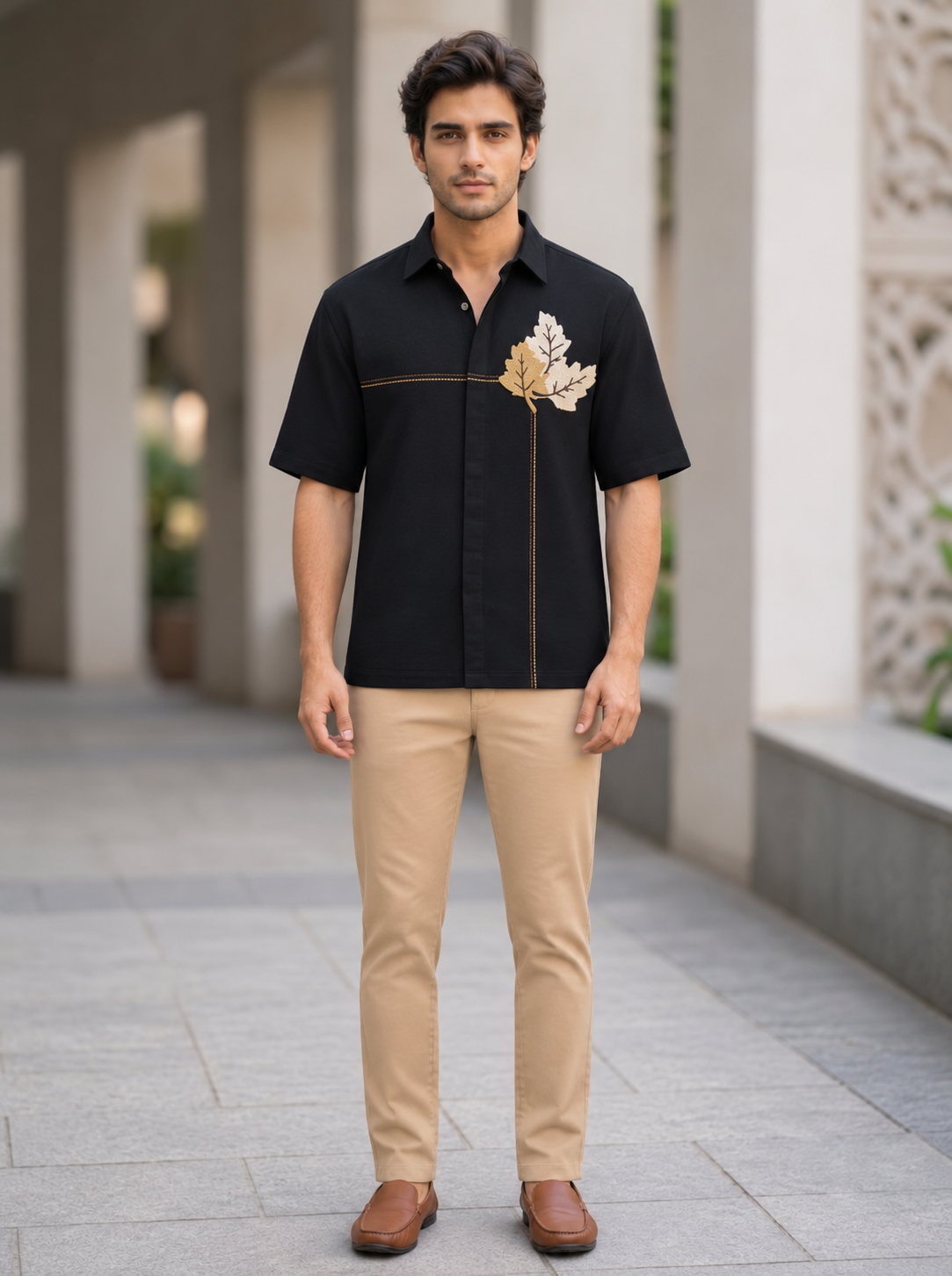Snipes men's boxy fit embroidered shirt paired with chinos, featuring tailored styling and visible embroidery