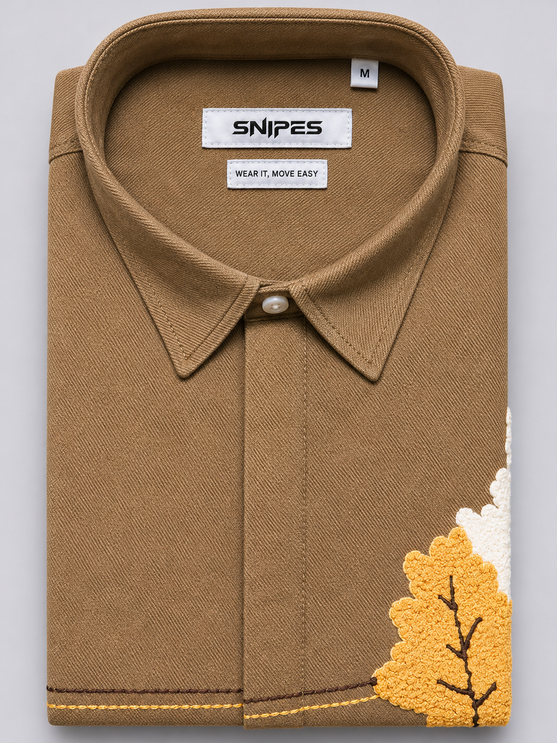 Men’s boxy fit textured tan embroidered Snipes shirt with SNIPES collar labels