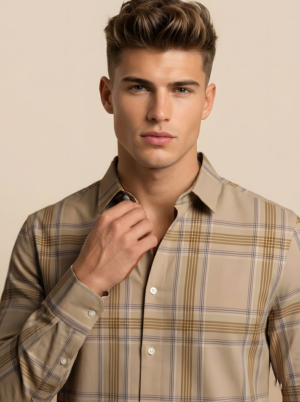 Closeup of Snipes checked shirt showing a classic plaid pattern in red, black, and white with button details and collar.
