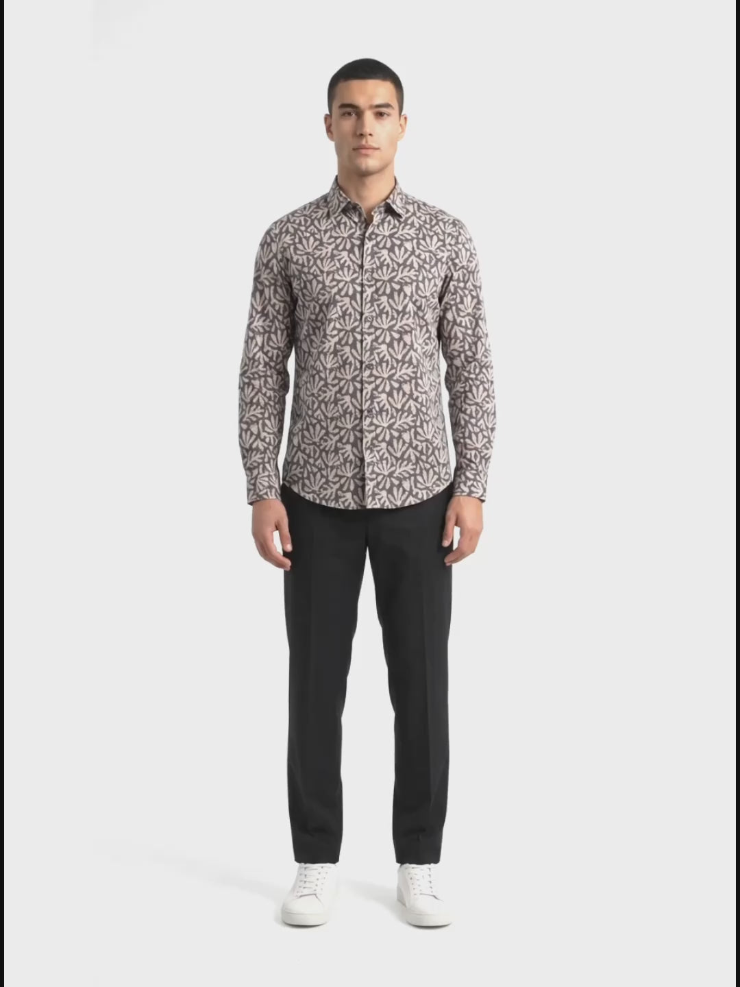 Men’s Charcoal Grey Satin Printed Botanical Shirt